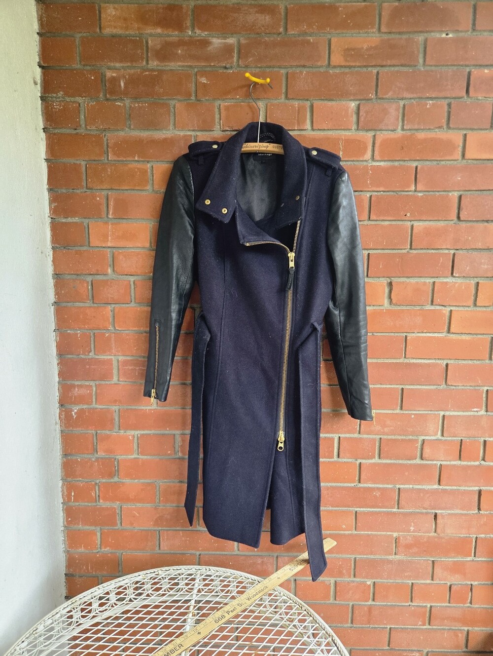 Mackage Navy Blue Wool Asymmetrical Zip Coat with Genuine Black Leather Sleeves